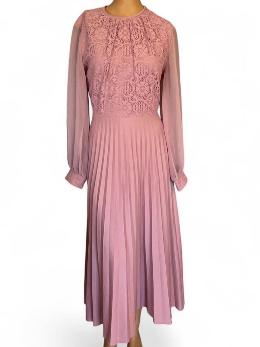 Elegant Pink Lace Pleated Midi Dress